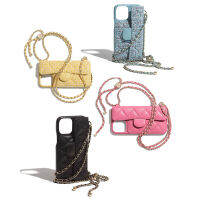 เคสโทรศัพท์หนังสำหรับ iPhone 12 13 14 Pro สายโซ่ยาวสะพายข้างพร้อมกระเป๋าเก็บบัตรลูกทองฝาครอบป้องกันของขวัญกันตก