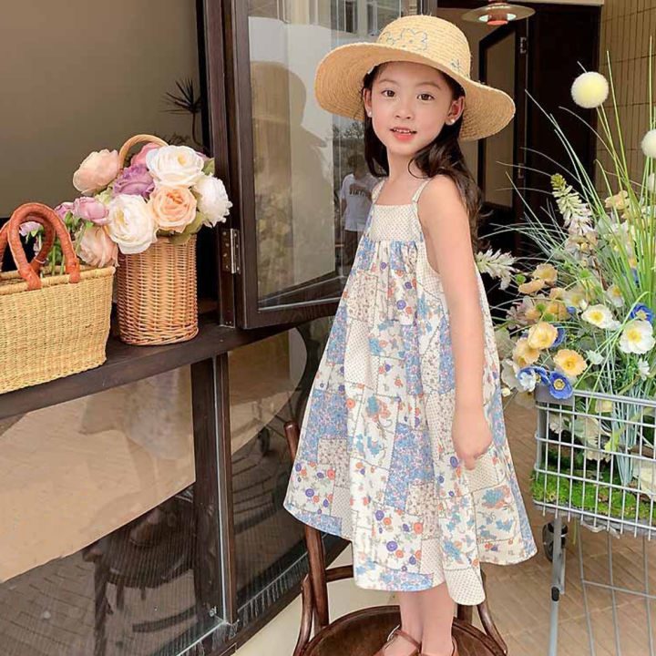ชุดเดรสสำหรับเด็กผู้หญิงหวาน3-7ปี-ใหม่ชุดเดรสที่แขวนดอกไม้ลายหมากรุกเย็บปะติดปะต่อกันฤดูร้อน