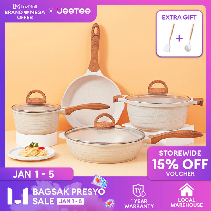 JEETEE White Granite Non Stick Induction Cookware Set Makapal  4PCS/3PCS/2PCS Kitchen Cooking Set Original on sale All Stoves Suitable  24CM Casserole + 24CM Fryingpan + 28CM Wok Pan + 18CM Saucepan with