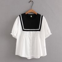 【มีไซส์ใหญ่】Plus Size Womens XL-4XL Round Neck Patchwork Summer Blouses Short Sleeve Ladies Office-wear A-line Female Tops