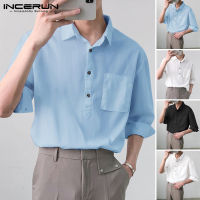 Beehoo INCERUN Mens Cotton Linen 3/4 Sleeve Casual Formal Henley Shirts Smart Top Button Up Tee (สไตล์เกาหลี)