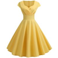 【YF】 Yellow Swing Summer Dresses Women Short Sleeve Hepburn 50s 60s Vintage Rockabilly Wrap Dress Elegant Evening Party Vestidos