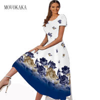 MOVOKAKA 3D Flowers Print Dresses Women Elegant Slim Square Collar Short Sleeves Dress Beach Vestidos Spring Summer Long Dresses