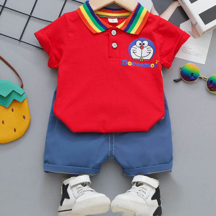 redcloudเด็ก-กางเกงขาสั้นเสื้อยืดเด็ก2ชิ้น-เซ็ตปกแขนสั้น