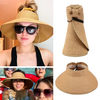 【CC】2022 New Women Roll Up Sun Visor Wide Brim Straw Hat Summer Foldable Packable UV Protection Cap for Beach Travel Bonnet