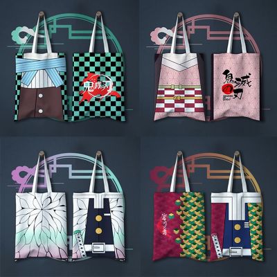☸ Anime Demon Slayer Bag Kimetsu No Yaiba Shoulder Bags Tanjirou Shinobu Cosplay Handbags Women Men Large Capacity Travel Tote Bags Shopping Shoulder Bag