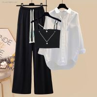 Autumn suit for women 2023 new plus size womens clothing versatile sexy suspender shirt high waist casual pants three-piece trendy set