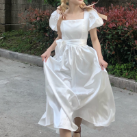 HOUZHOU White Dress Woman Summer Elegant Vintage Princess Dresses French Style Puff Sleeve Fairy Sundress Party Prom Outfits