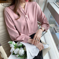 2021 Spring New Chiffon Women Blouse Fashion Office Lady Long Sleeve Solid Women Shirt with Tie V Neck Loose Top Female 13022