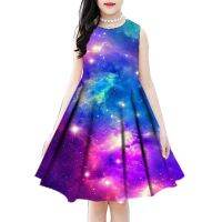 【Ladies shop】 Kid GirlNew 3D PrintedStar GraphicPartyDress 2-17 Years แขนกุดคอกลม Longfor Girls