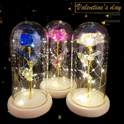 Galaxy Rose Flower Gift Beauty &amp; The Beast Rose in Glass Dome with Lights Infinity Crystal Flower Enchanted Glass Rose for Women