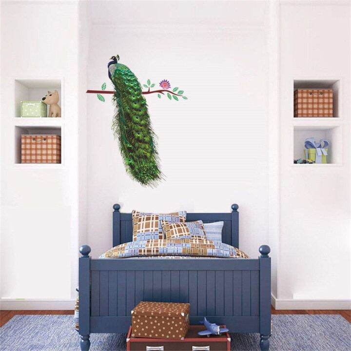 wallpaper-sticker-for-wall-xunjie-home-decor-feathers-living-room-3d-wall-stickers-animals-wall-decals-peacock-on-branch