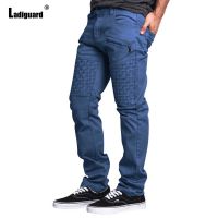 Ladiguard 2023 Mens Casual Stand Pocket Pants Solid Blue Cargo Trouser Men Streetwear Plus Size Mens Fashion Pleated Sweatpants