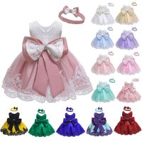 【CW】 Baby And Hairband 2Pcs Bow Toddler 1 Years Birthday Gown Vestidos Kids Dresses