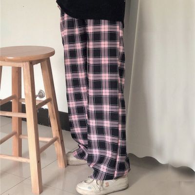 ‘；’ Black And Pink Plaid Pants Oversize Women Pants High Waist Loose Wide Leg Trousers Ins Retro Teens Straight Trousers Streetwear