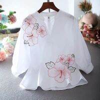 COD DSFERTRETRE New literary lady small fresh V-neck loose sweet embroidery flower shirt super fairy gas tops