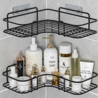 ชั้นวางของในห้องน้ำ bathroom shelf ชั้นวางของติดผนัง  ไม่ต้องเจาะรู ที่วางของเข้ามุมสามเเหลียม ชั้นวางของในห้องครัว สีดำ