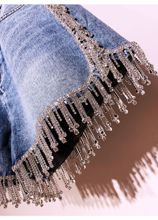 high-end-rhinestone-fringed-high-เอว-denim-กางเกงขาสั้นแฟลช-wimen-s-high-end-เพชรพู่สั้นกางเกงยีนส์ร้อนกางเกง2023-traf-ฤดูร้อน