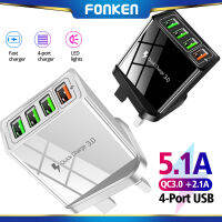 FONKEN 3A QC3 Quick Charge Charger แบบพกพา4พอร์ต USB ตัวแปลงอัจฉริยะอังกฤษ-ปลั๊กยุโรป Wall Mount โทรศัพท์มือถือ Android Quick Charge อังกฤษ-ยุโรป Travel Charge Charger,รองรับ Apple/Samsung/Huawei