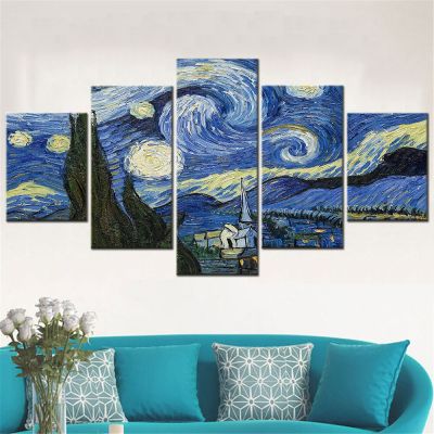 Zhangyanhui2บทคัดย่อ Starry Night ผ้าใบชุดโดย Van Gogh - Aesthetic Room Decor โปสเตอร์สำหรับห้องนอน-5แผง Wall Art ภาพวาดสำหรับห้องนั่งเล่น-ตกแต่งผนังที่สวยงามสำหรับ Home และ Office 5ชิ้น