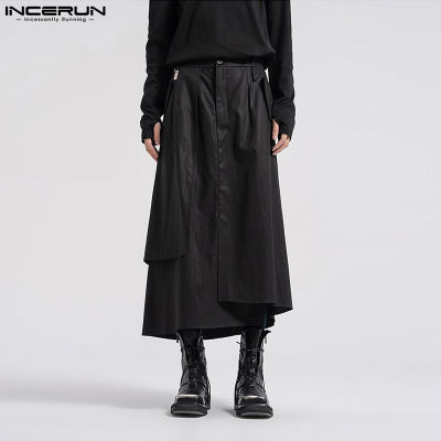 INCERUN กางเกงผู้ชายพื้นธรรมดาที่แปลกใหม่ผ้าประดับด้วยผ้าอาร์ทซี่ดีไซน์ชั้น Chinos (สไตล์เกาหลี)