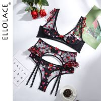 ZZOOI Ellolace Ruffle Sexy Lingerie Set Heart-Shaped Embroidery Underwear Set Bra with Bones Transparent 3 Piece Set  Lingerie