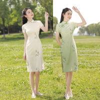 ฤดูร้อนดอกไม้ Embrodiery ชีฟองเด็กสาว Cheongsam Elegant R แขนสั้นเข่าความยาว Qipao จีนทุกวัน Dress