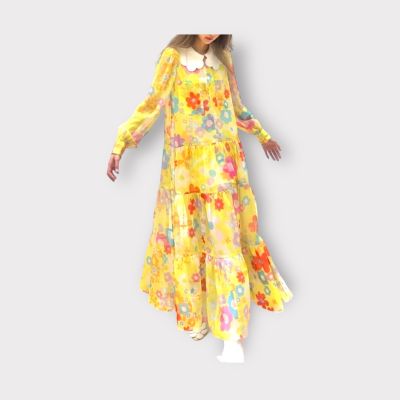 P007-084 PIMNADACLOSET - Long Sleeve Collar Chiffon Floral Print Tiered  Loose Maxi Dress
