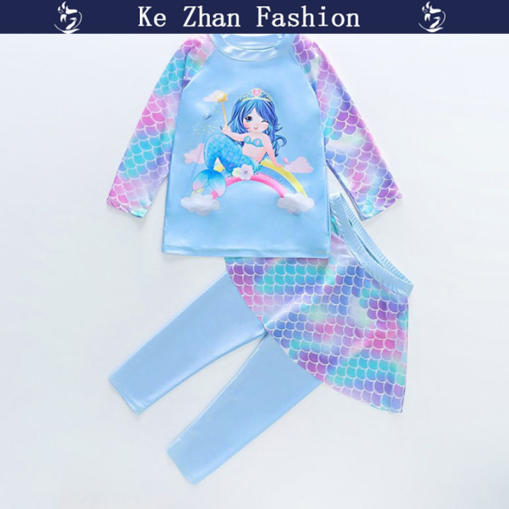ke-zhan-กางเกงเสื้อแขนยาวนางเงือกสำหรับเด็กผู้หญิง-2ชิ้นแฟชั่นชุดว่ายน้ำแยกชิ้นมีครีมกันแดดแห้งเร็วชุดว่ายน้ำ