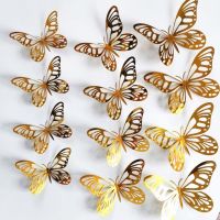 12Pcs/Set Gold Silver Hollow Butterfly Wall Stickers 3D Butterflies Bedroom Living Room Home Decoration Applique Wedding Decor Wall Stickers  Decals