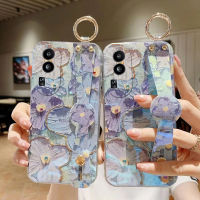 เคสโทรศัพท์สำหรับ OPPO Reno10 Pro Plus Pro + 5G ภาพสีน้ำมันดอกไม้สีม่วงพร้อมที่จับฝาครอบซิลิโคนนิ่มสายคล้องแบบคาดตัว