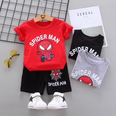 【Candy style】 เด็ก Spiderman แขนสั้นชุดชายเสื้อผ้า 0-5 ​​ปีเด็กการ์ตูนเสื้อยืด + กางเกงขาสั้น 2 ชิ้น Set