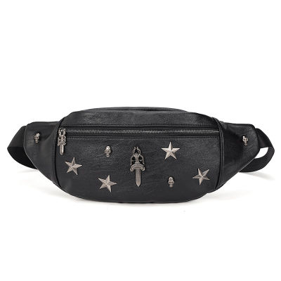 Annmouler Rock Uni Waist Bag Faux Leather Fanny Pack Luxury Punk Phone Pouch Travel Black Chest Bag Rivet Bum Bag