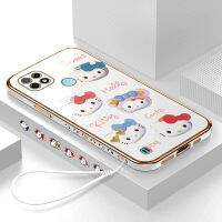 เคสโทรศัพท์สำหรับ Realme C21 RealmeC21ฟรีสายคล้อง + การ์ตูนน่ารัก Hello Kitty สำหรับสาวขอบสี่เหลี่ยมรูปแบบปลอกชุบเคสโทรศัพท์หรูหรานุ่มเคสโทรศัพท์