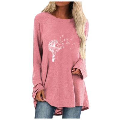 Women Long Sleeve Dandelion Print Blouse Plus Size Solid Shirt Spring Casual O Neck Retro Thin Female Tunic Womens Top Blouses