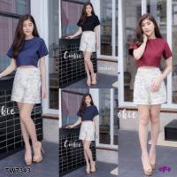 P7343  	Set 2 ชิ้นเสื้อครอป+กางเกงขาสั้นลายปัก  Set of 2 pieces crop top + embroidered shorts