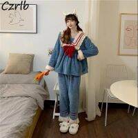 Pajama Sets Women Sweet Japan Style Lounge Kawaii Sleepwear Ulzzang 2 Pcs Bow BF Preppy Cute Flannel Aesthetic Winter Teens