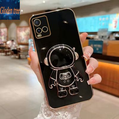Gloden Tree Folding Stand holder Astronaut Phone Case For VIVO V15 V15 PRO S1 PRO Y19 Y85 V9 Y21 Y21S Y33S Y21A Y21T Y33T V21 V17 V19 V23 V23E S1 V20 V20 PRO V20 SE electroplate Soft silicone Square Bracket back cover