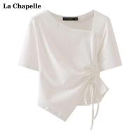 ✠℗ เสื้อครอปรูดข้าง เสื้อครอปสาวอวบ La Chapelle / La Chapelle การออกแบบที่ผิดปกติความรู้สึก drawstring แขนสั้นเสื้อยืดผู้หญิงช่องอเนกประสงค์ด้านบนฤดูร