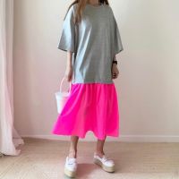 ZZOOI GALCAUR Korean Patchwork Hit Color Dress Women O Neck Half Sleeve Oversize Casual Midi Dresses Female 2020 Summer New Clothes