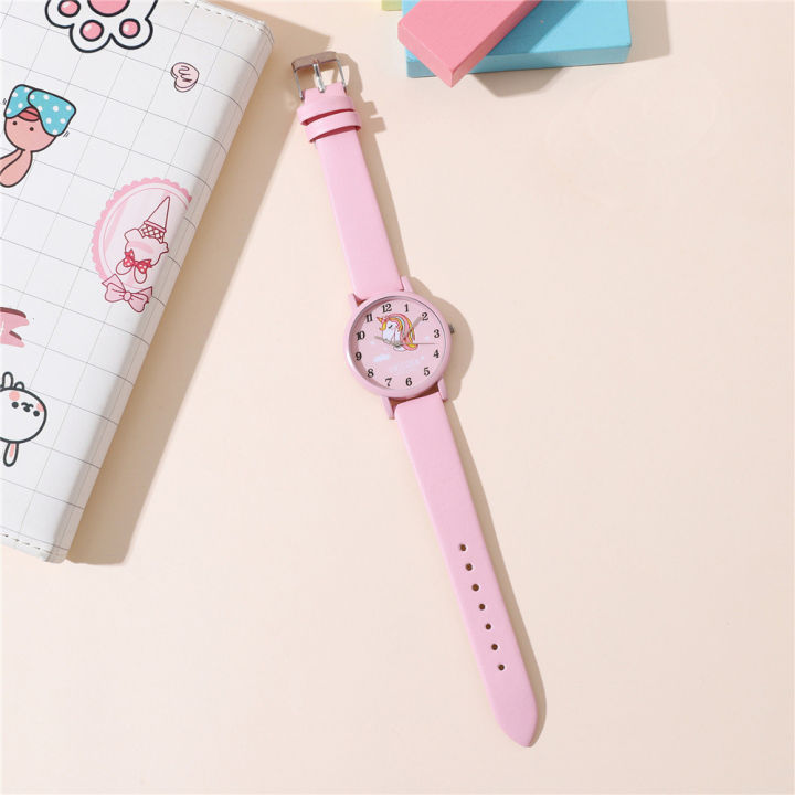 นาฬิกายูนิคอร์นแฟชั่นน่ารักสำหรับผู้หญิงเข็มขัดผู้หญิงสีชมพูนาฬิกาควอตซ์เด็กเล็กเด็กผู้หญิง