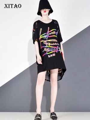 XITAO T-shirt Black Casual Loose Fashion Contrast Color Letter Print Zipper Splicing Decoration Top