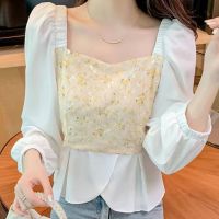 [COD] 2022 spring new super fairy sweet age-reducing floral stitching female slim all-match square collar puff sleeve top