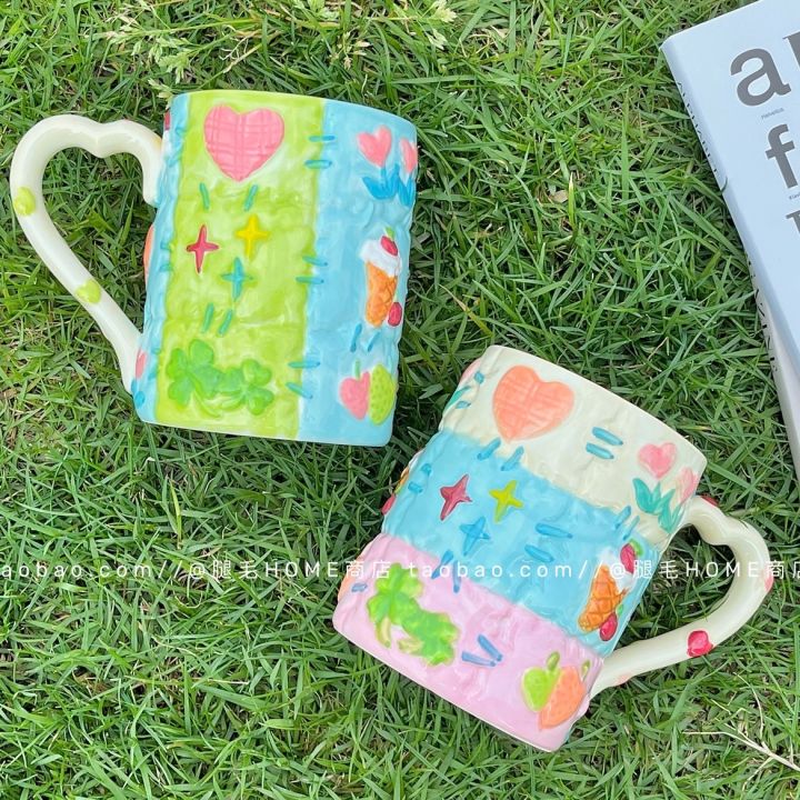 heavy-industry-retro-color-hand-painted-stitching-contrast-color-ceramic-mug-large-capacity-cute-niche-water-cup-girl-gift-boutique