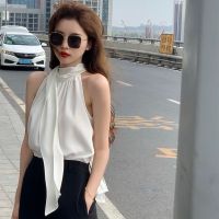 เสื้อเบลาส์สำหรับผู้หญิงดีไซน์2023สไตล์ใหม่เสื้อผ้าสตรีริบบิ้นคุณภาพสูง Kemeja Tanpa Lengan Atasan Sifon เสื้อคลุมบางๆฤดูร้อน MODE Korea สาวออฟฟิศใหม่