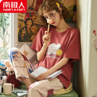 Women Summer Pajamas Cotton Short-Sleeved Trousers Two-Piece Suit Thin Home Service Outer Wear Bathing Pajamas