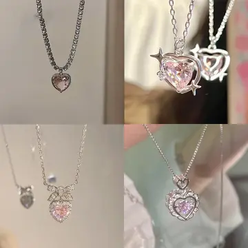 Sweet Pink Diamond Love Necklace Gentle Fairy Simple Design Everything  Exquisite Light Sweet Cool Choker 