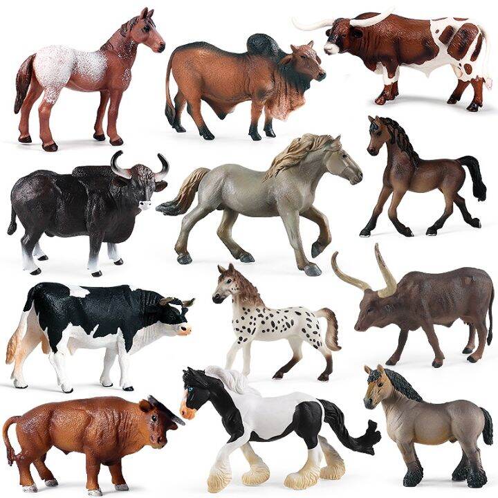 【PRETTYGG】Farm Animals Steed Horse Model Action Figures Cow Zebu Cattle ...