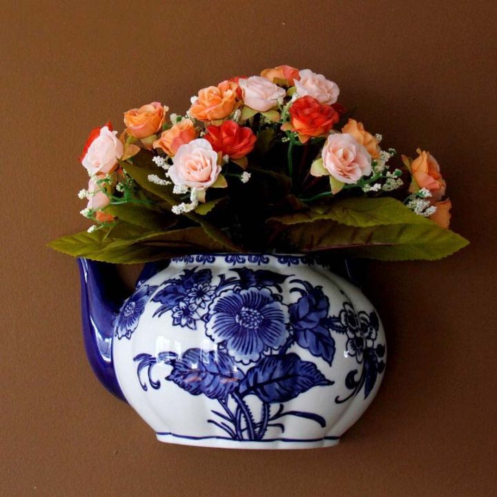 แจกันรูปทรงกาน้ำดอกไม้แขวนผนังแจกันเซรามิคภาชนะโลหะ-jingdezhen-แจกันดอกไม้สีฟ้าและเครื่องกระเบื้องสีขาว-heyuan-ในอนาคต
