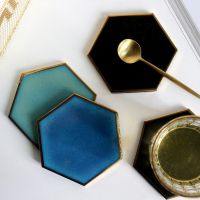 【CC】 Hexagon Glass Coaster Gold-plated Placemat Insulation Cup Mats Table Decoration Accessories